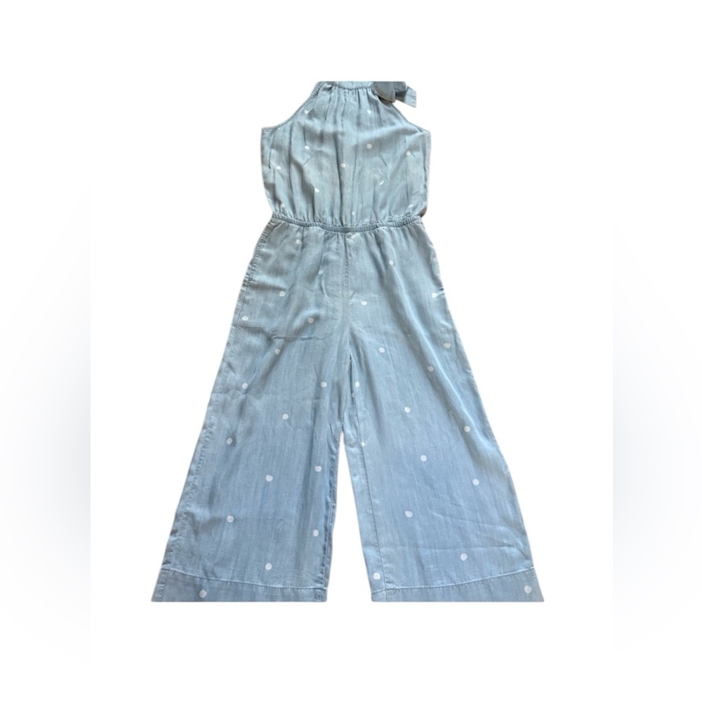 Anthropologie Cloth & Stone Chambray Polka Dot Jumpsuit Cropped Wide Leg
